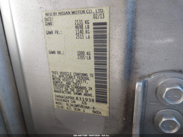2013 Nissan Maxima 3.5 S მანქანა იყიდება აუქციონზე, vin: 1N4AA5AP0DC831938, აუქციონის ნომერი: 44817390