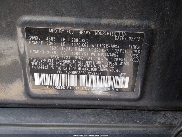 Aukcja sprzedaży 2012 Subaru Outback 2.5i, vin: 4S4BRCAC8C3259763, numer aukcji: 44817394