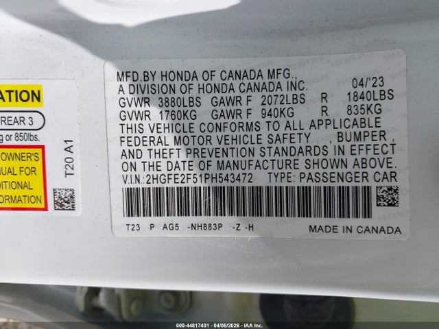 Продажа на аукционе авто 2023 Honda Civic Sport, vin: 2HGFE2F51PH543472, номер лота: 44817401