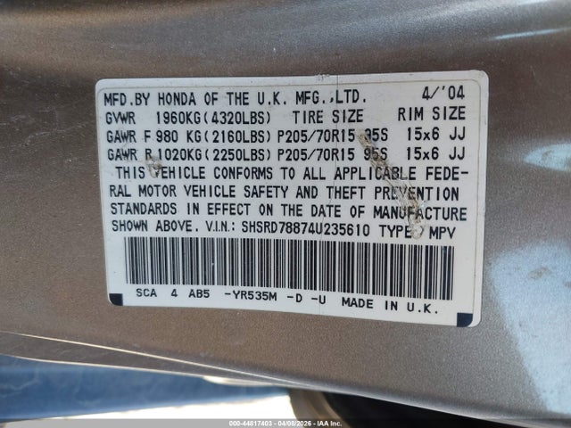 2004 HONDA CR-V SHSRD78874U235610 Photo 8