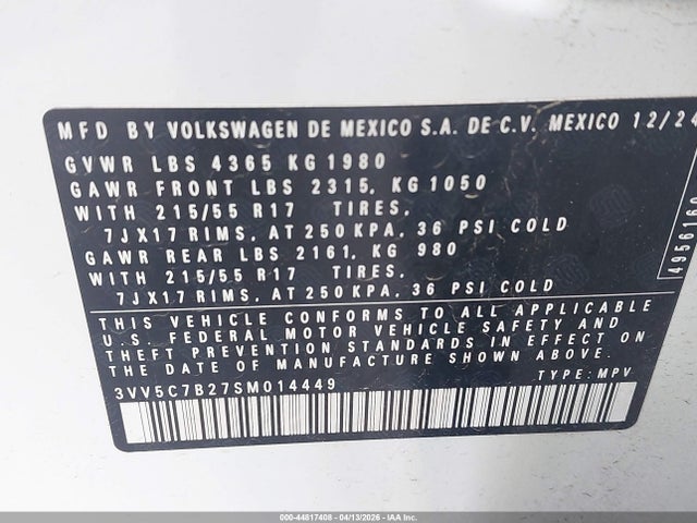 Продаж на аукціоні авто 2025 Volkswagen Taos 1.5t S, vin: 3VV5C7B27SM014449, номер лоту: 44817408
