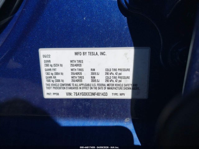 Aukcja sprzedaży 2022 Tesla Model Y Long Range Dual Motor All-wheel Drive, vin: 7SAYGDEE3NF481433, numer aukcji: 44817409