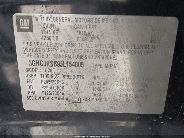 44817410 :رقم المزاد ، 3GNCJKSB9JL154805 vin ، 2018 Chevrolet Trax Ls مزاد بيع