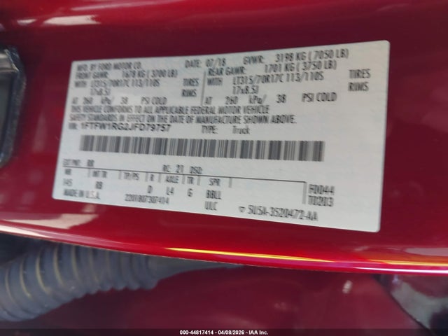 44817414 :رقم المزاد ، 1FTFW1RG2JFD79757 vin ، 2018 Ford F-150 Raptor مزاد بيع