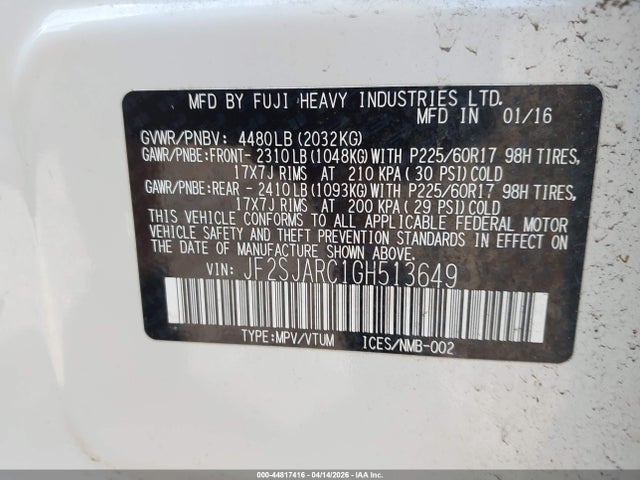 Aukcja sprzedaży 2016 Subaru Forester 2.5i Limited, vin: JF2SJARC1GH513649, numer aukcji: 44817416