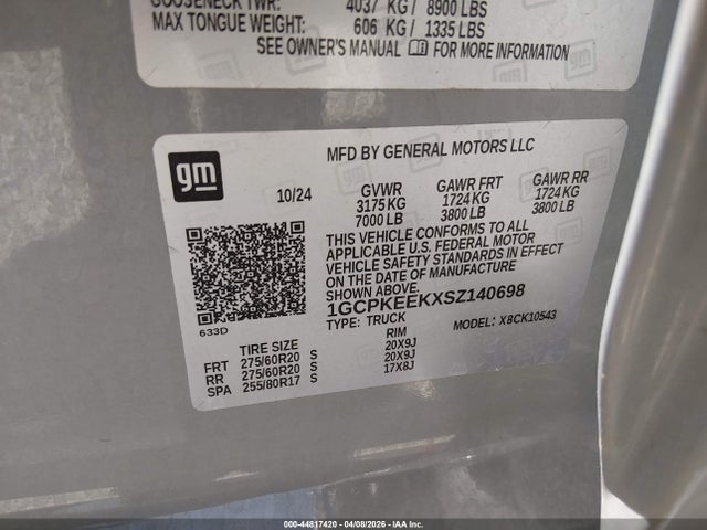 Aukcja sprzedaży 2025 Chevrolet Silverado 1500 4wd  Short Bed Rst, vin: 1GCPKEEKXSZ140698, numer aukcji: 44817420