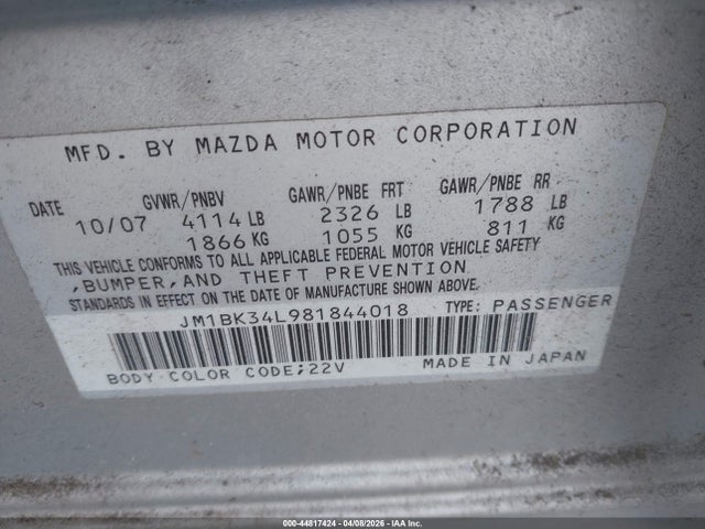 Aukcja sprzedaży 2008 Mazda Mazdaspeed3 Sport, vin: JM1BK34L981844018, numer aukcji: 44817424