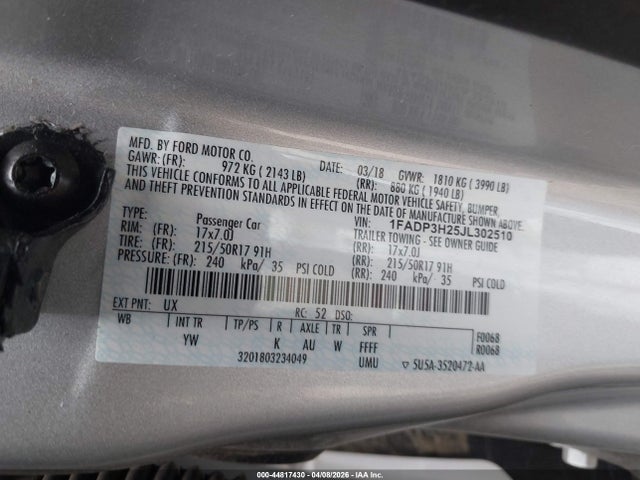 2018 Ford Focus Sel მანქანა იყიდება აუქციონზე, vin: 1FADP3H25JL302510, აუქციონის ნომერი: 44817430