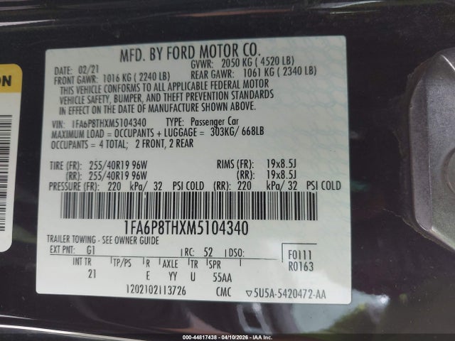 Продажа на аукционе авто 2021 Ford Mustang Ecoboost Fastback, vin: 1FA6P8THXM5104340, номер лота: 44817438