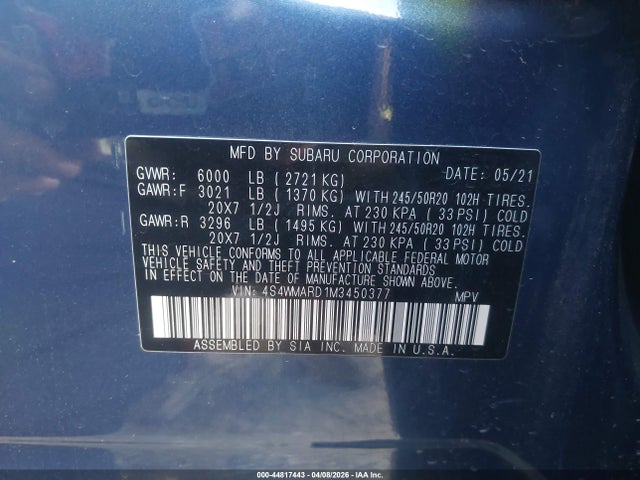 Aukcja sprzedaży 2021 Subaru Ascent Touring, vin: 4S4WMARD1M3450377, numer aukcji: 44817443