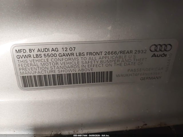 Aukcja sprzedaży 2008 Audi A6 3.2 Avant, vin: WAUKH74F48N089561, numer aukcji: 44817444