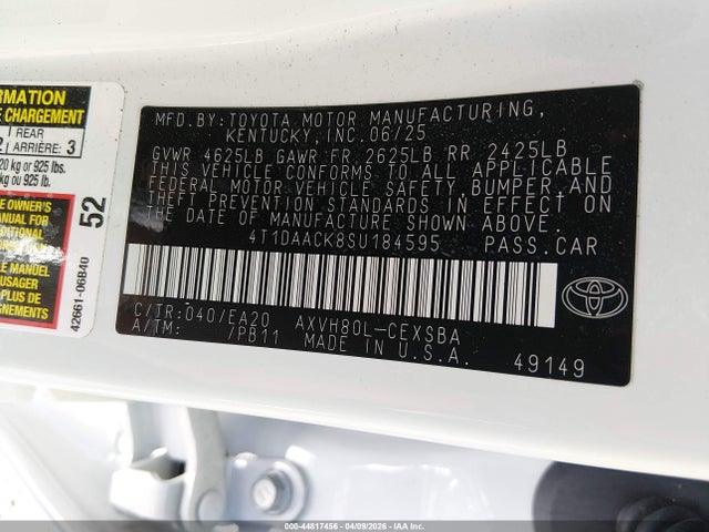 2025 Toyota Camry Se მანქანა იყიდება აუქციონზე, vin: 4T1DAACK8SU184595, აუქციონის ნომერი: 44817456