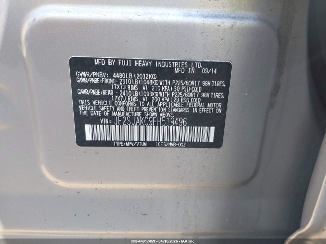 2015 Subaru Forester 2.5i Limited მანქანა იყიდება აუქციონზე, vin: JF2SJAKC9FH519496, აუქციონის ნომერი: 44817459