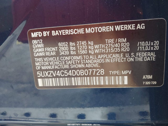 2013 Bmw X5 Xdrive35i/xdrive35i Premium/xdrive35i Sport Activity მანქანა იყიდება აუქციონზე, vin: 5UXZV4C54D0B07728, აუქციონის ნომერი: 44817471