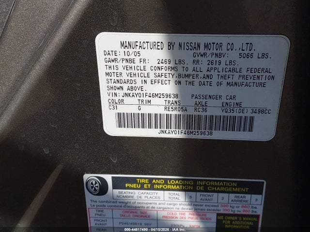 2006 Infiniti M35x მანქანა იყიდება აუქციონზე, vin: JNKAY01F46M259638, აუქციონის ნომერი: 44817490