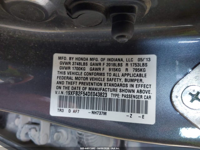44817492 :رقم المزاد ، 19XFB2F54DE043823 vin ، 2013 Honda Civic Lx مزاد بيع