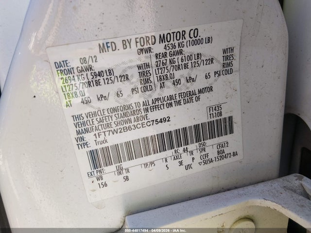 Aukcja sprzedaży 2012 Ford F-250 Lariat, vin: 1FT7W2B63CEC75492, numer aukcji: 44817494