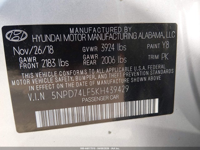 Aukcja sprzedaży 2019 Hyundai Elantra Se, vin: 5NPD74LF5KH439429, numer aukcji: 44817510