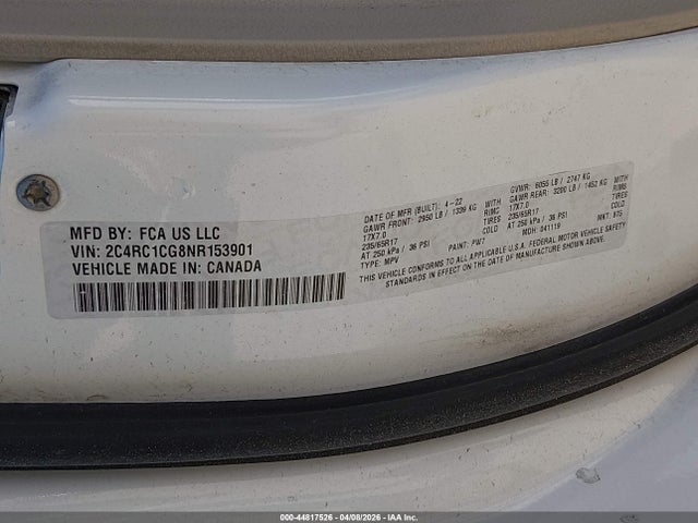 44817526 :رقم المزاد ، 2C4RC1CG8NR153901 vin ، 2022 Chrysler Voyager Lx مزاد بيع