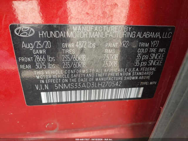 Продаж на аукціоні авто 2020 Hyundai Santa Fe Sel, vin: 5NMS33AD3LH270542, номер лоту: 44817537