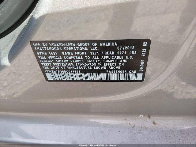 44817580 :رقم المزاد ، 1VWBH7A35DC011693 vin ، 2013 Volkswagen Passat 2.5l Se مزاد بيع