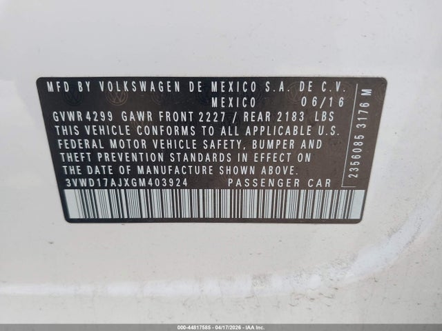 Aukcja sprzedaży 2016 Volkswagen Jetta 1.8t Sport, vin: 3VWD17AJXGM403924, numer aukcji: 44817585