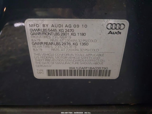 44817594 :رقم المزاد ، WA1LFAFP1BA035790 vin ، 2011 Audi Q5 2.0t Premium مزاد بيع