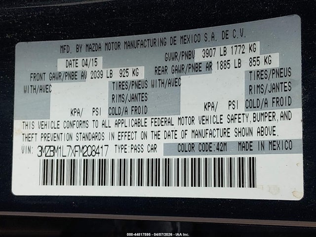 2015 MAZDA MAZDA3 3MZBM1L7XFM208417 Photo 8