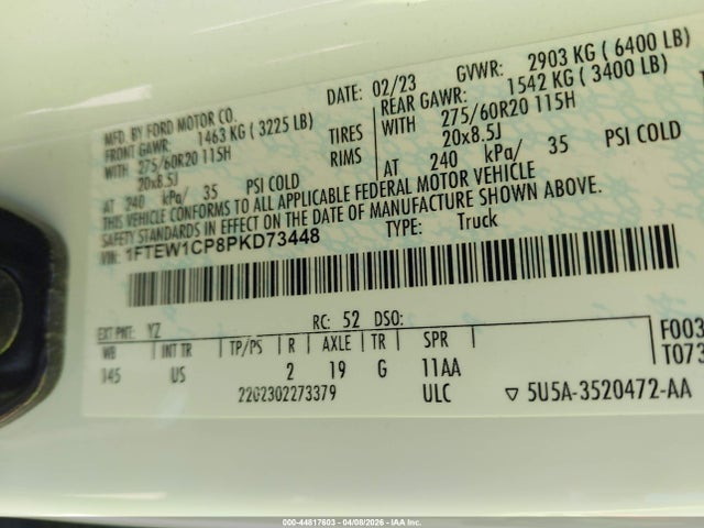 44817603 :رقم المزاد ، 1FTEW1CP8PKD73448 vin ، 2023 Ford F-150 Xlt مزاد بيع