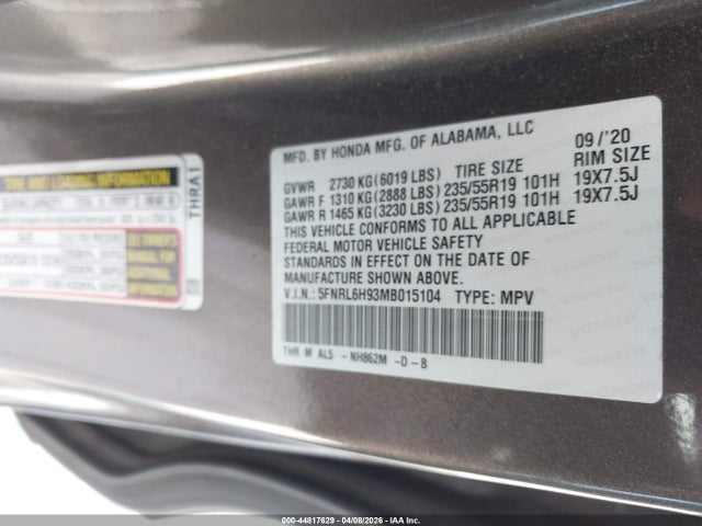 Aukcja sprzedaży 2021 Honda Odyssey Elite, vin: 5FNRL6H93MB015104, numer aukcji: 44817629