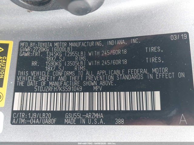 Aukcja sprzedaży 2019 Toyota Highlander Xle, vin: 5TDJZRFH7KS591049, numer aukcji: 44817642