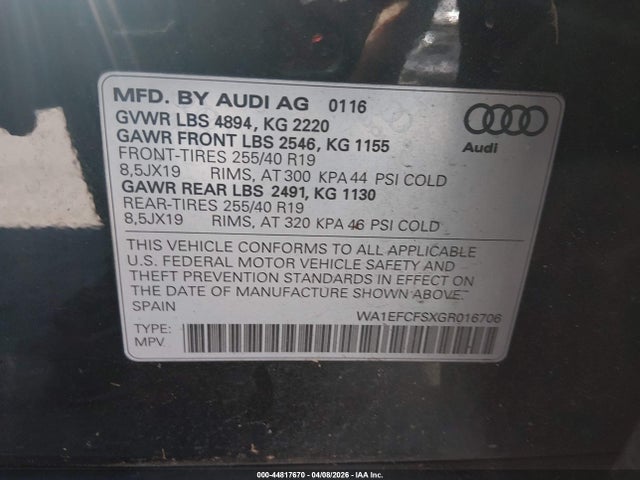 Продаж на аукціоні авто 2016 Audi Q3 2.0t Premium Plus, vin: WA1EFCFSXGR016706, номер лоту: 44817670