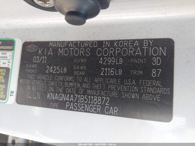 44817681 :رقم المزاد ، KNAGN4A71B5118872 vin ، 2011 Kia Optima Ex مزاد بيع