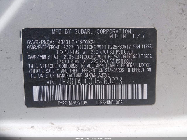 2018 Subaru Crosstrek 2.0i Premium მანქანა იყიდება აუქციონზე, vin: JF2GTADC0J8260273, აუქციონის ნომერი: 44817698