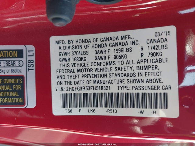 2015 HONDA CIVIC 2HGFG3B53FH518321 Photo 8