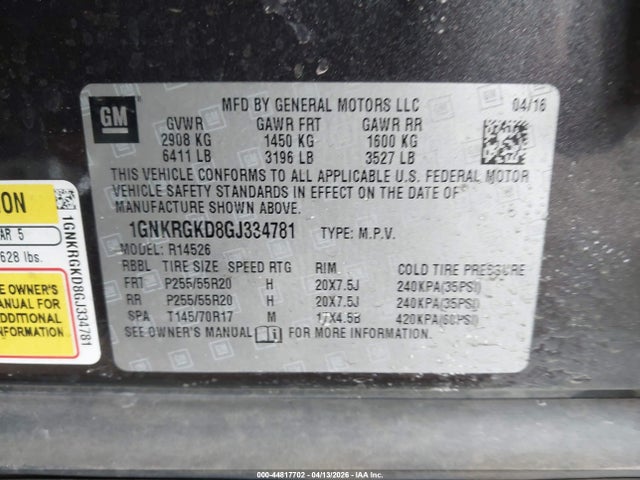 1GNKRGKD8GJ334781 Chevrolet Traverse 1lt