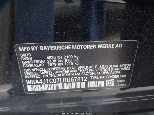 2020 Bmw 430i Gran Coupe მანქანა იყიდება აუქციონზე, vin: WBA4J1C07LBU67812, აუქციონის ნომერი: 44817718