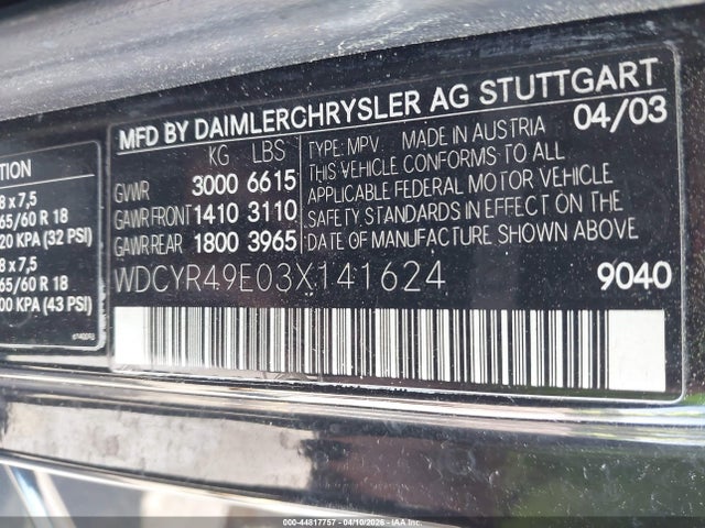 Aukcja sprzedaży 2003 Mercedes-benz G 500, vin: WDCYR49E03X141624, numer aukcji: 44817757