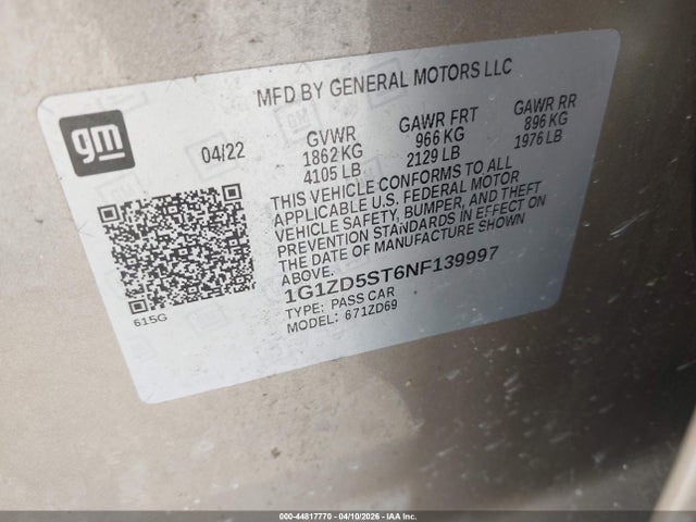 44817770 :رقم المزاد ، 1G1ZD5ST6NF139997 vin ، 2022 Chevrolet Malibu Fwd Lt مزاد بيع