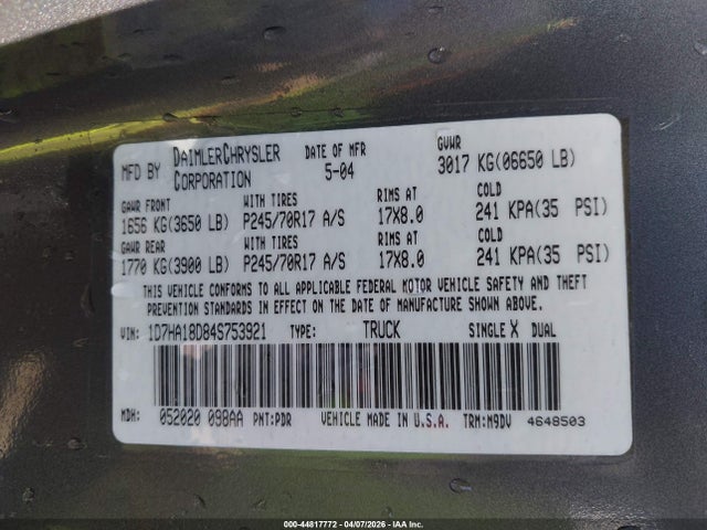 Продаж на аукціоні авто 2004 Dodge Ram 1500 Slt/laramie, vin: 1D7HA18D84S753921, номер лоту: 44817772