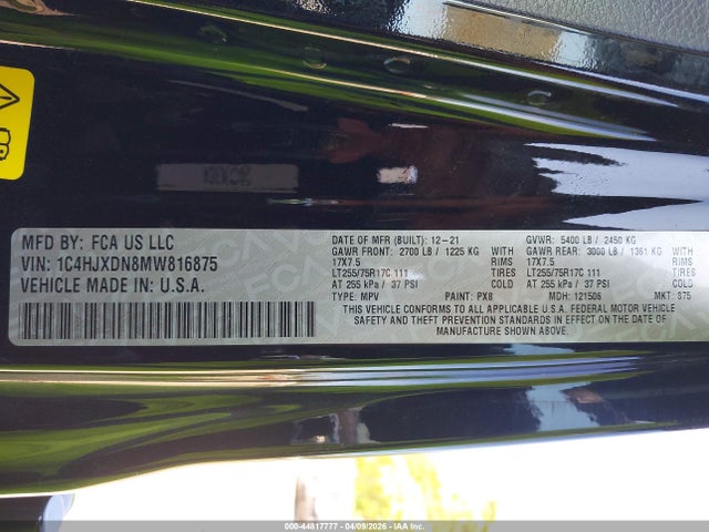 44817777 :رقم المزاد ، 1C4HJXDN8MW816875 vin ، 2021 Jeep Wrangler Unlimited Willys 4x4 مزاد بيع