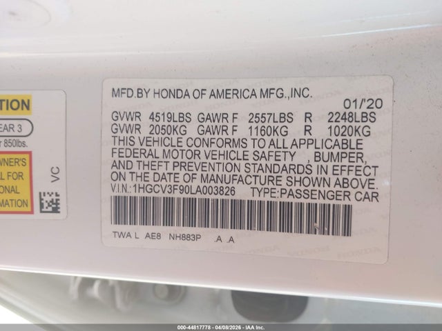 Продажа на аукционе авто 2020 Honda Accord Hybrid Touring, vin: 1HGCV3F90LA003826, номер лота: 44817778