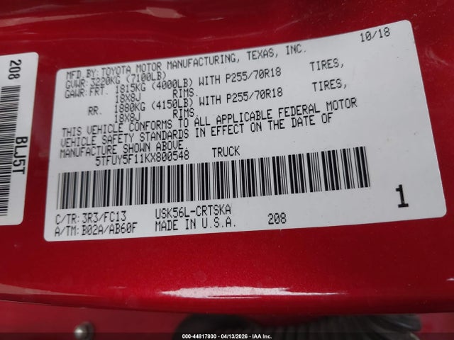 5TFUY5F11KX800548 Toyota Tundra Sr5 5.7l V8