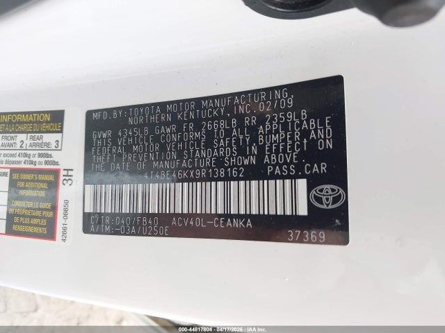 2009 Toyota Camry მანქანა იყიდება აუქციონზე, vin: 4T4BE46KX9R138162, აუქციონის ნომერი: 44817804