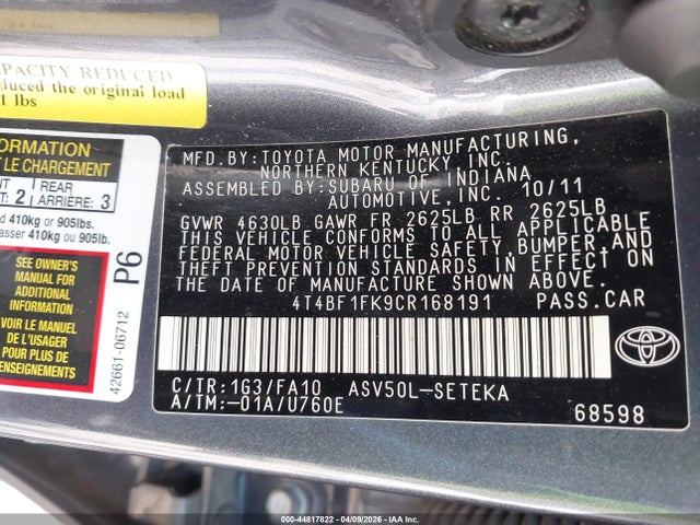 Aukcja sprzedaży 2012 Toyota Camry L, vin: 4T4BF1FK9CR168191, numer aukcji: 44817822