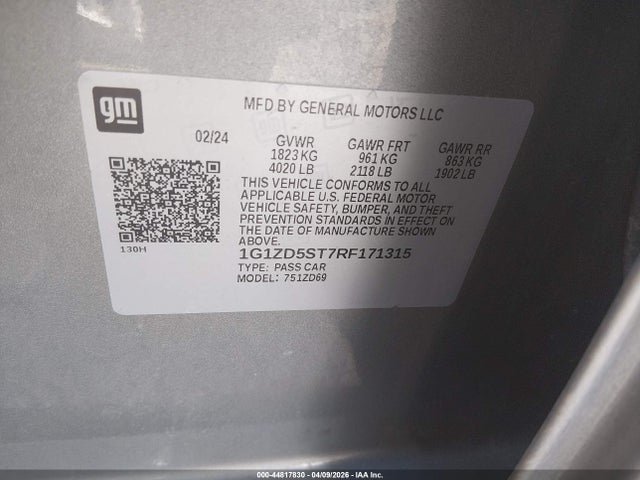 2024 Chevrolet Malibu Fwd 1lt მანქანა იყიდება აუქციონზე, vin: 1G1ZD5ST7RF171315, აუქციონის ნომერი: 44817830