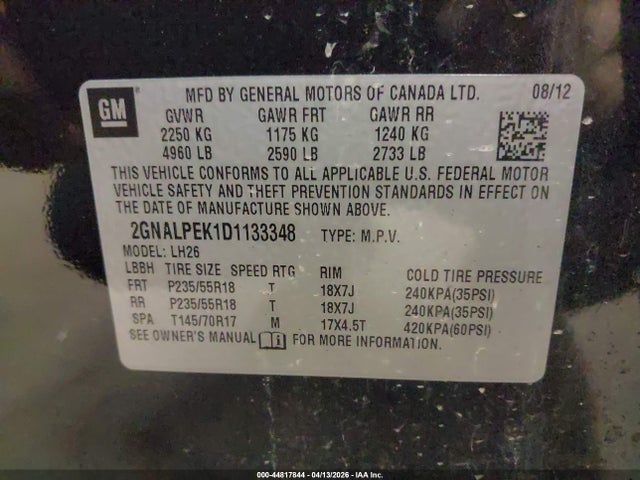 2013 Chevrolet Equinox 2lt მანქანა იყიდება აუქციონზე, vin: 2GNALPEK1D1133348, აუქციონის ნომერი: 44817844