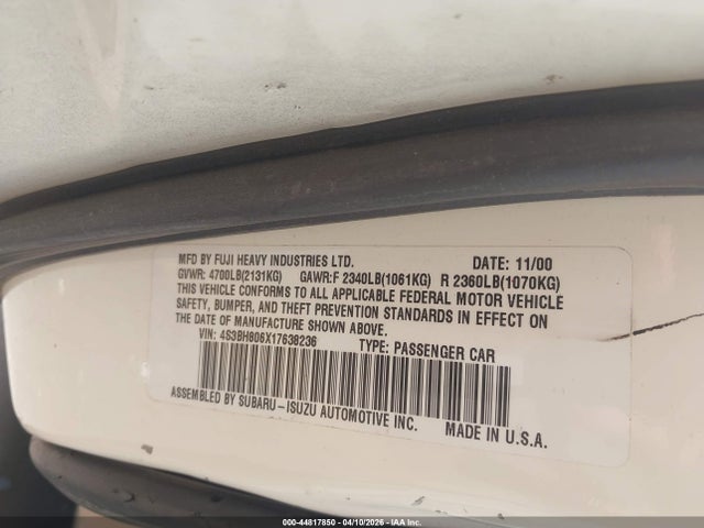 Auction sale of the 2001 Subaru Outback H6-3.0, vin: 4S3BH806X17638236, lot number: 44817850