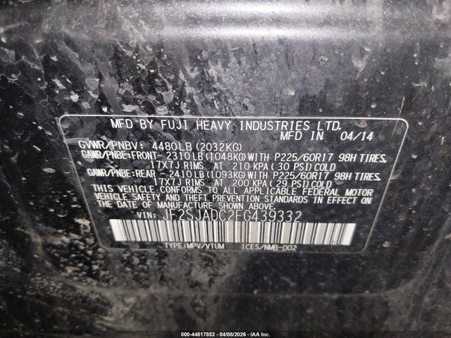 2015 Subaru Forester 2.5i Premium მანქანა იყიდება აუქციონზე, vin: JF2SJADC2FG439332, აუქციონის ნომერი: 44817852