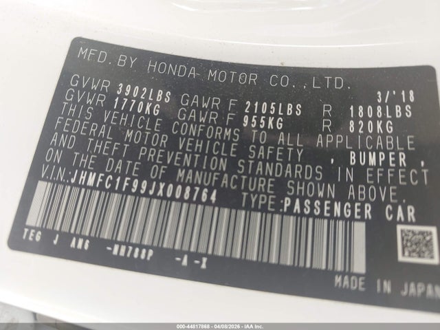 Aukcja sprzedaży 2018 Honda Civic Touring, vin: JHMFC1F99JX008764, numer aukcji: 44817868